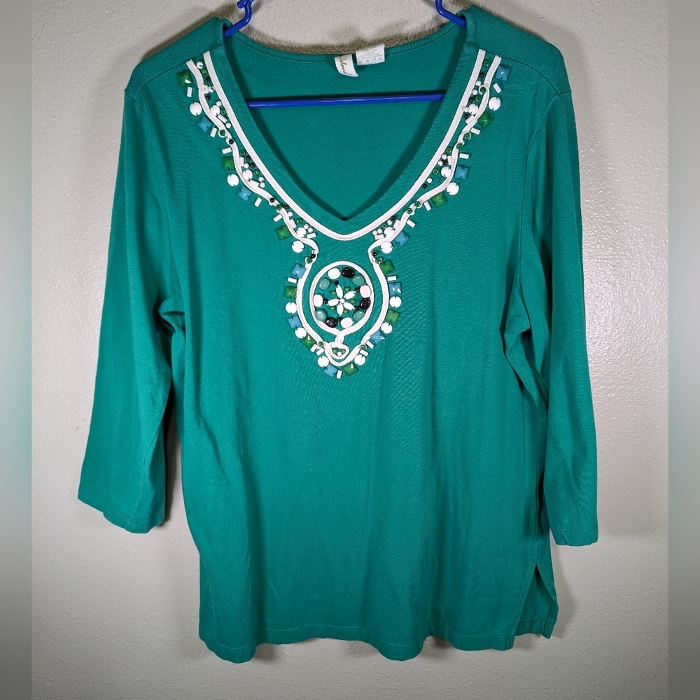 Palm Island green top with beading embellishments size L
